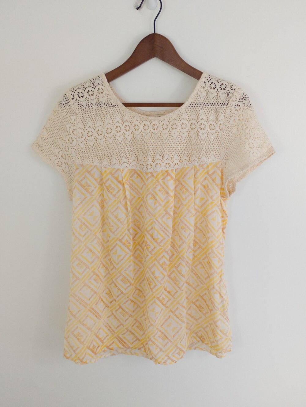 BA&SH Eden Cotton Crochet Lace Yellow Geometric Boho Peasant Blouse Top Size 8